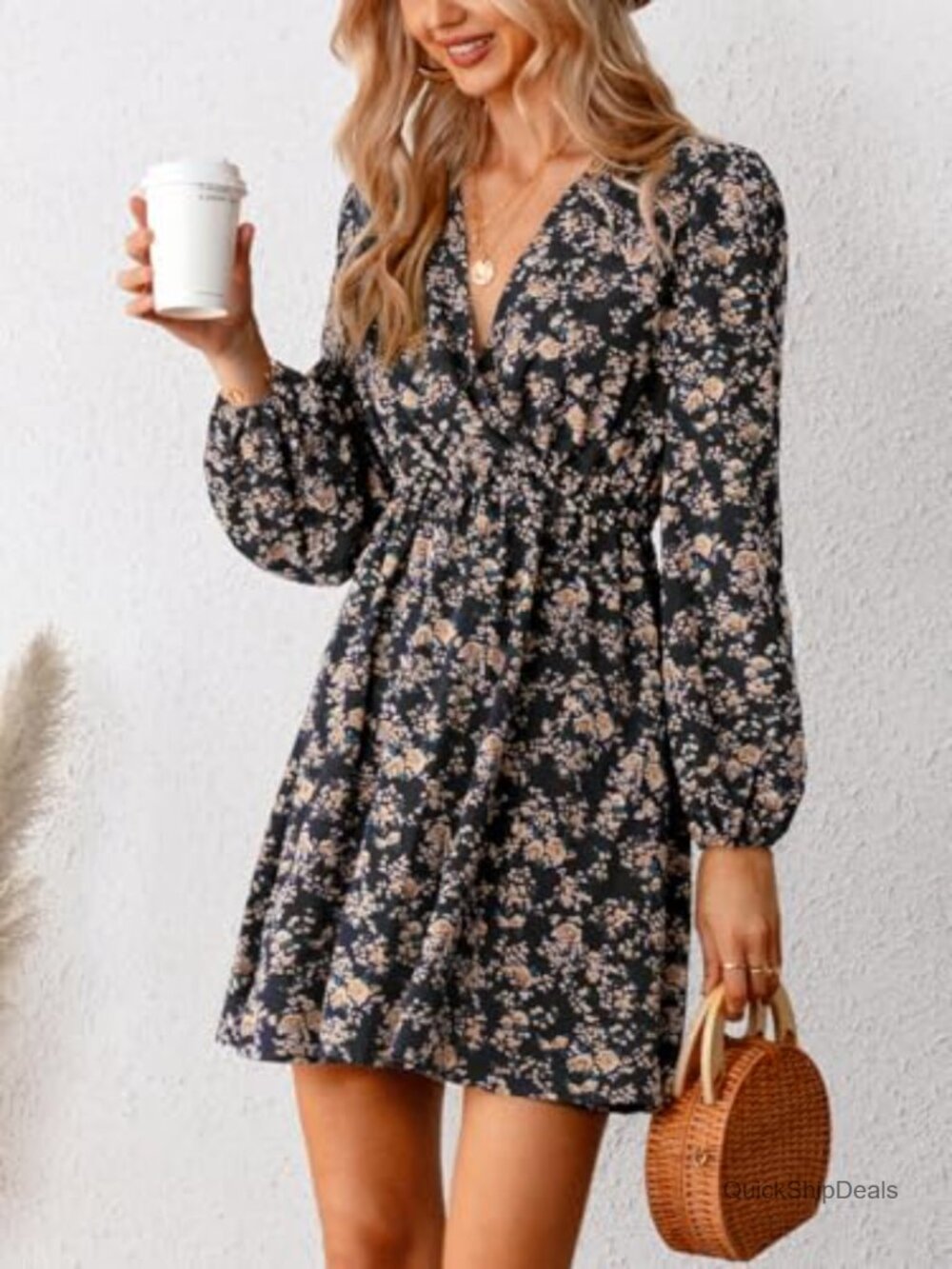 Floral Ruffle Mini Dress Surplice V Neck Peasant Sleeve Casual Fall Vacation - Picture 5 of 6